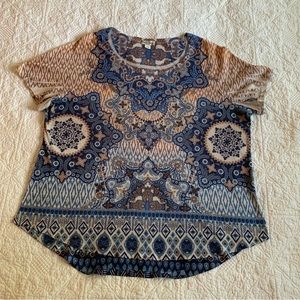 World Unity Short Sleeve Blue Tan Print Top Size 3X
